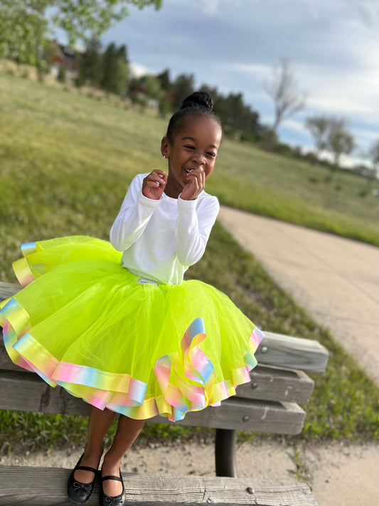 Rainbow Electra Tutu – Neon Green Skirt with Pastel Rainbow Trim for Bold & Playful Dress-Up